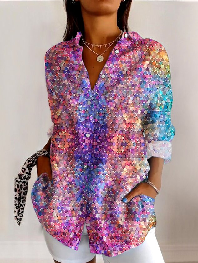 V Neck Long Sleeve Ombre Regular Micro-Elasticity Regular Fit Shirt For Women