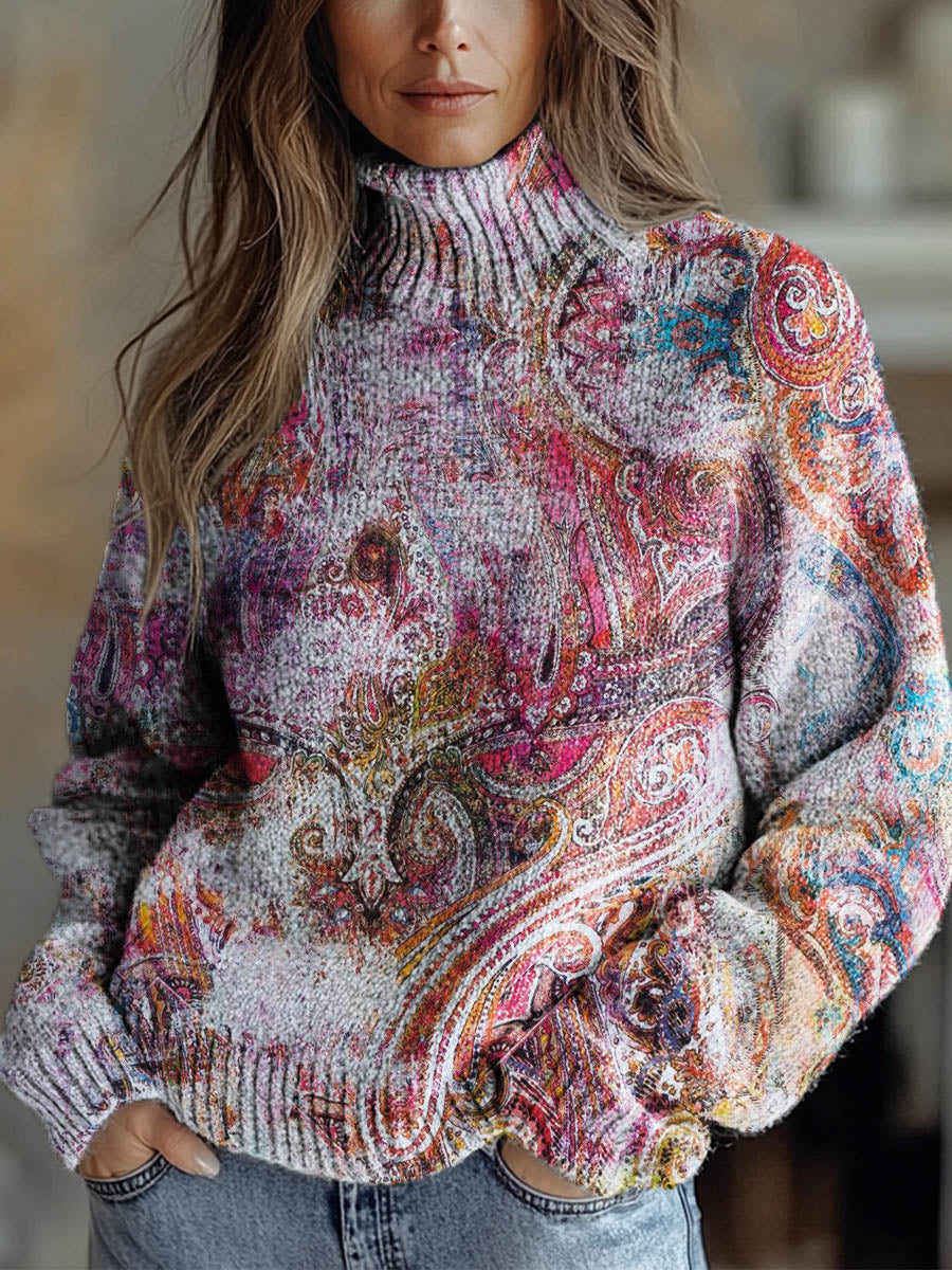 womens-vintage-pattern-art-print-knit-turtleneck-pullover-sweater