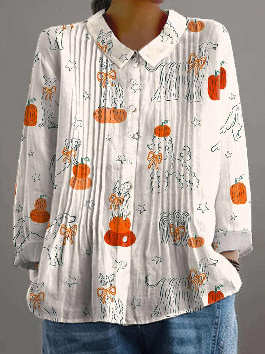 Women's Lovely Dogs Art Print Casual Cotton And Linen Ruffle Shirt