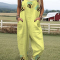 Women's Funny Bee Art Print Casual 100% Cotton Wide Leg Jumpsuit