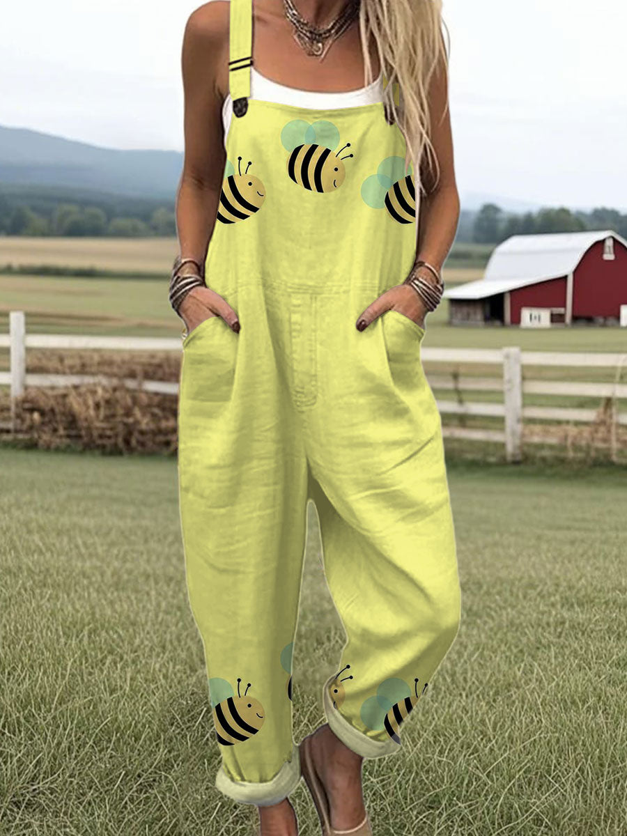 Women's Funny Bee Art Print Casual 100% Cotton Wide Leg Jumpsuit