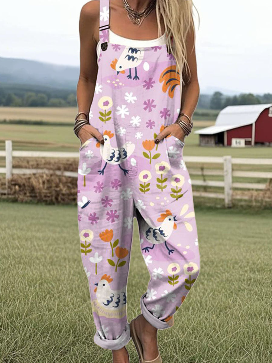 Women's Art Creative Fun Chick Print Casual 100% Cotton Wide Leg Jumpsuit