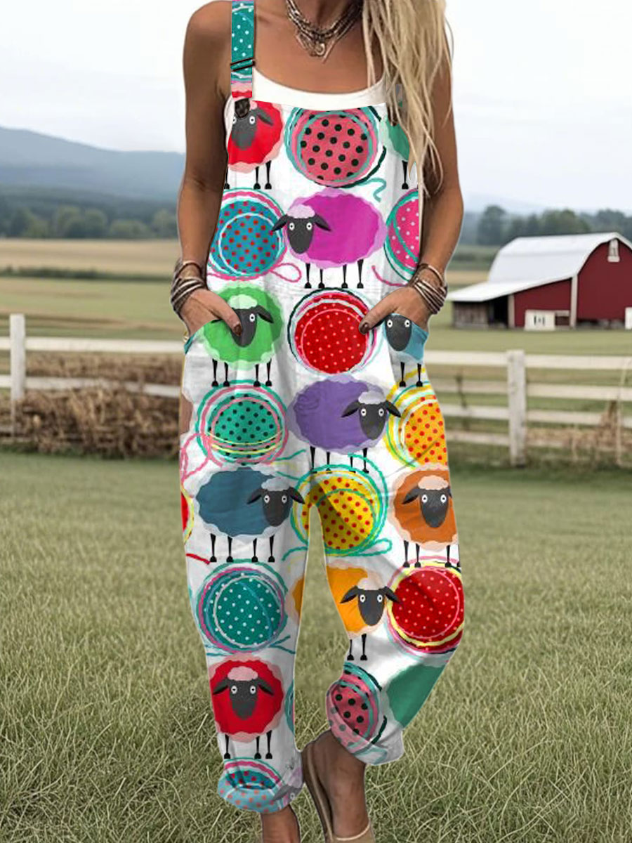 Women's  Funny Sheep Art Print Casual 100% Cotton Wide Leg Jumpsuit