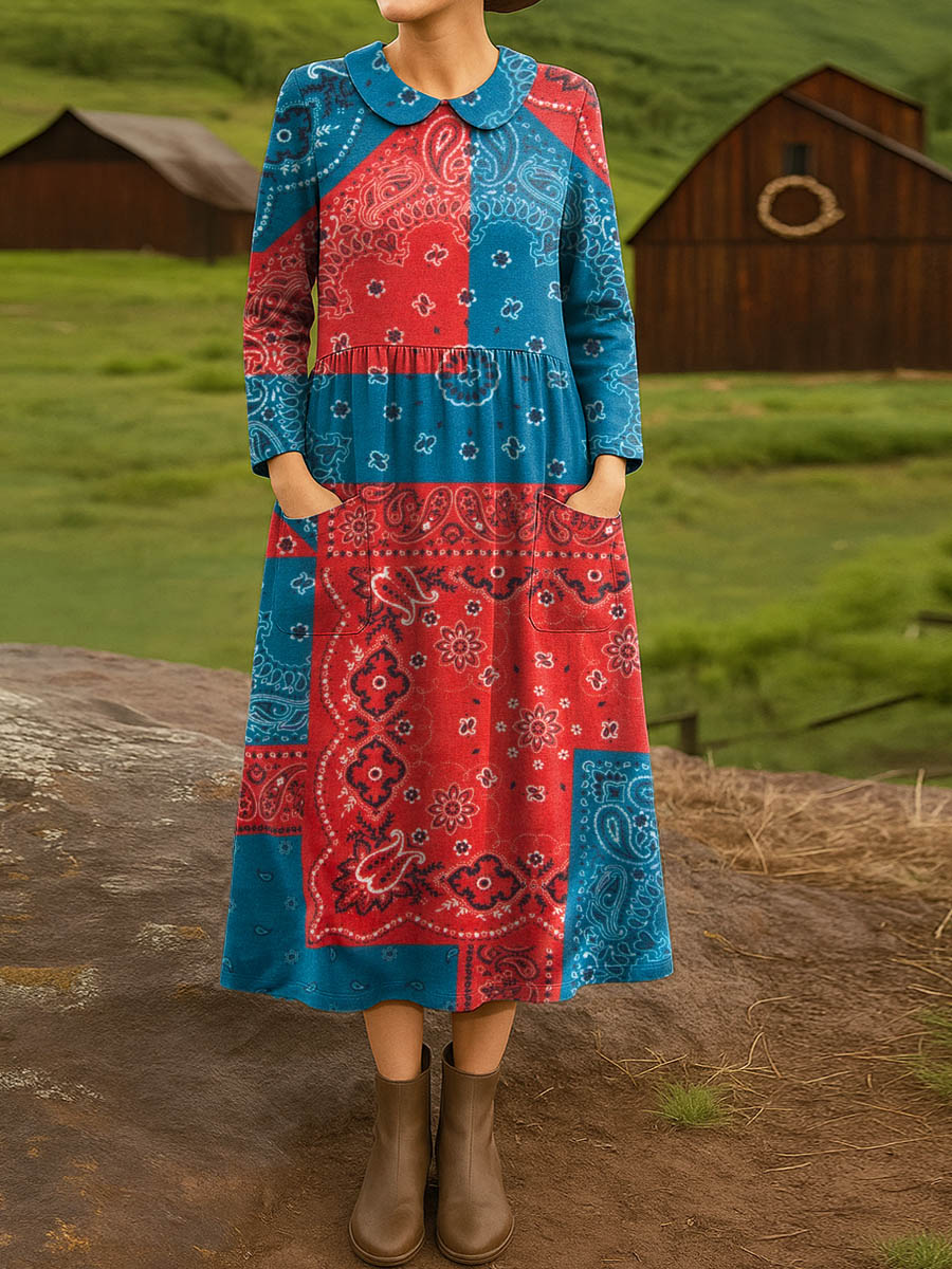 Women's Vintage Floral Art Print Cotton Lapel Shirt Dress