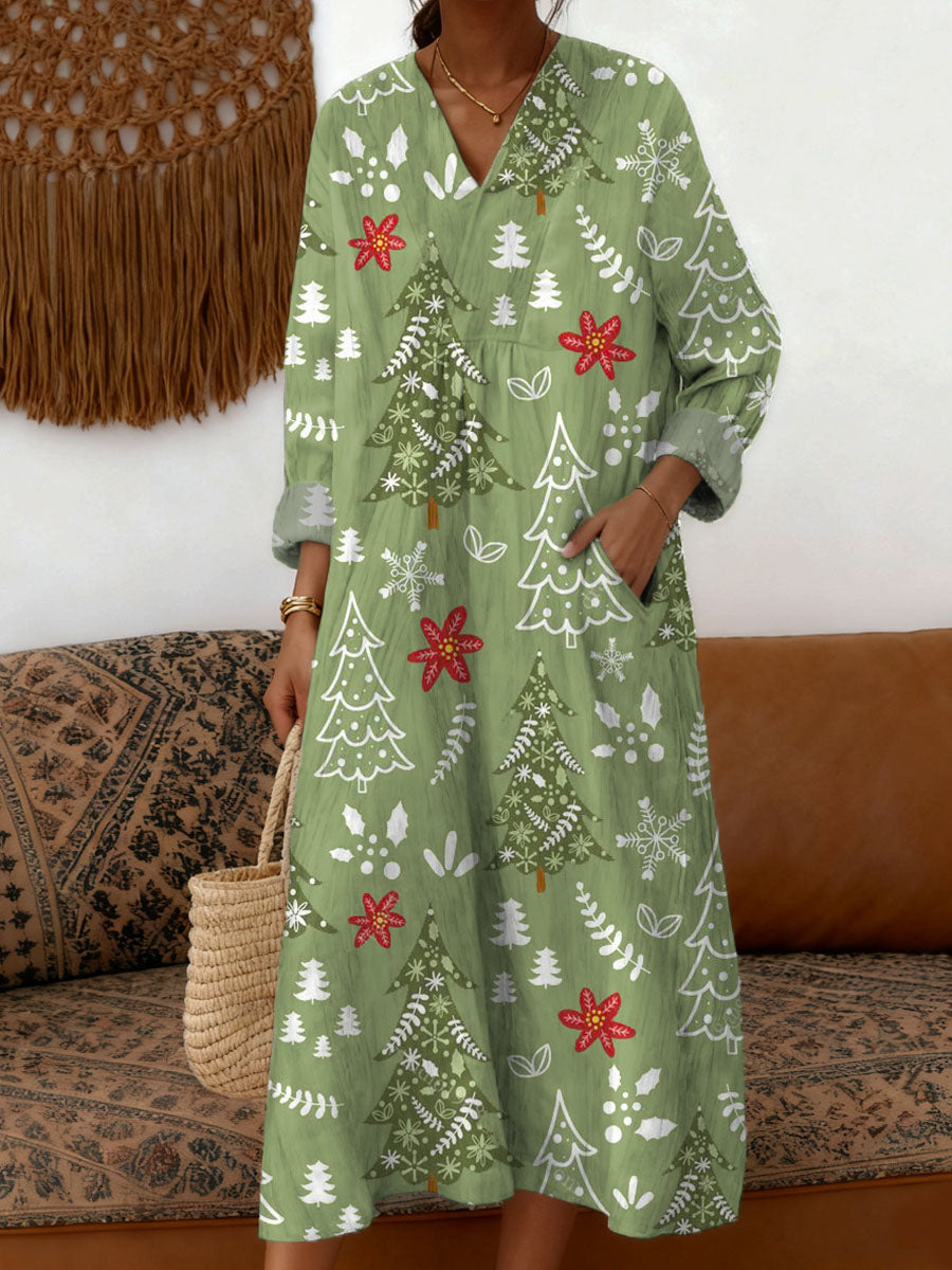 Women's Christmas Tree Pattern Art Print Cotton Dress