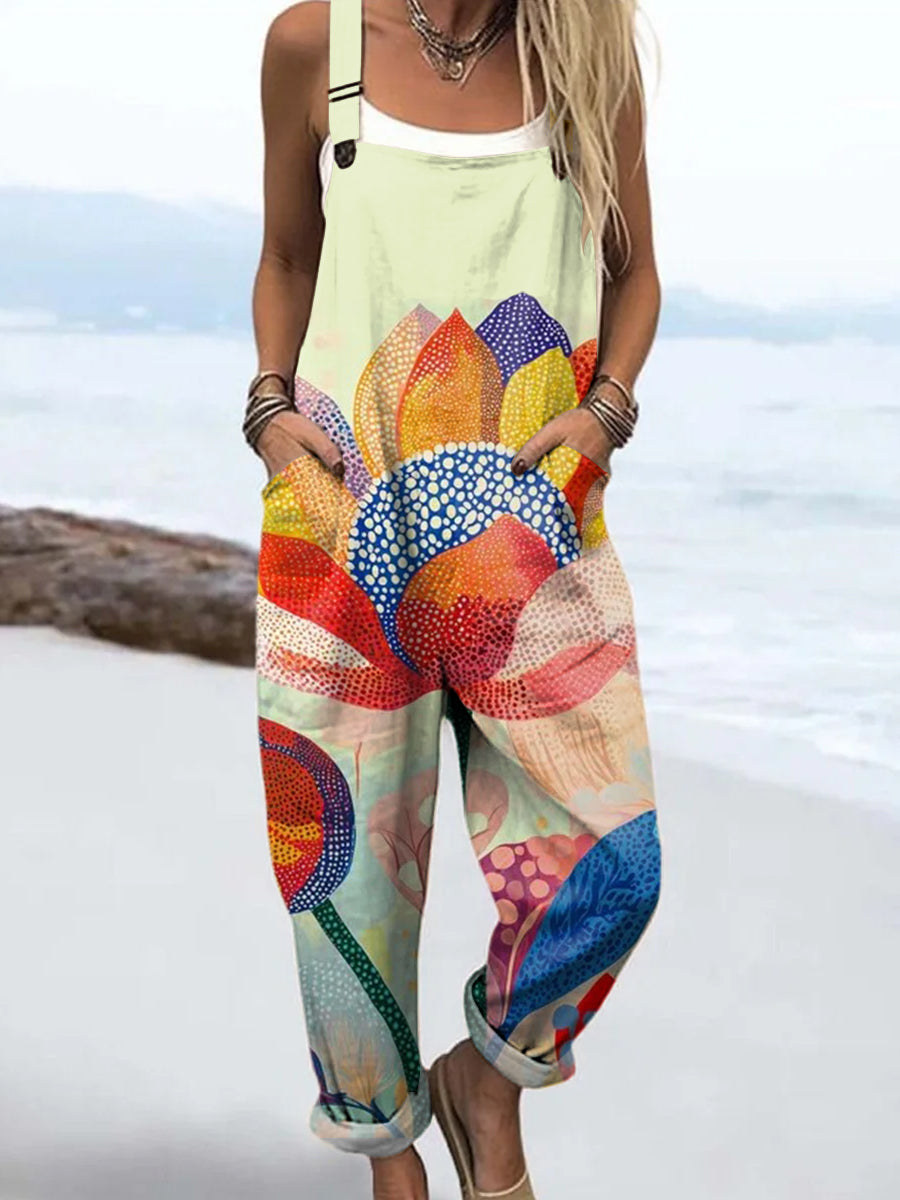 Women's Colourful Art Geometric Lotus Print Casual 100% Cotton Wide Leg Jumpsuit