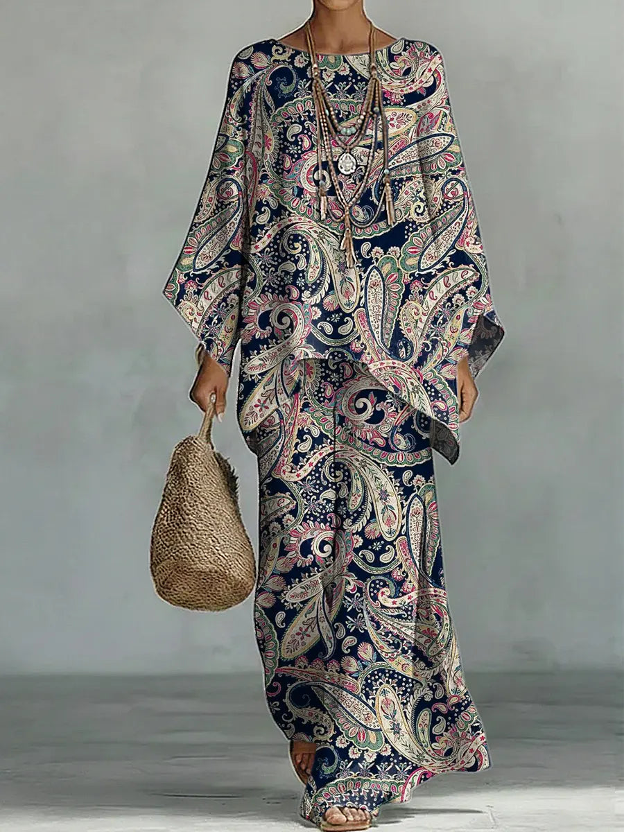 Women's Vintage Ethnic Floral Art Comfortable Loose Cotton Linen Wide-leg Pants Two-piece Set