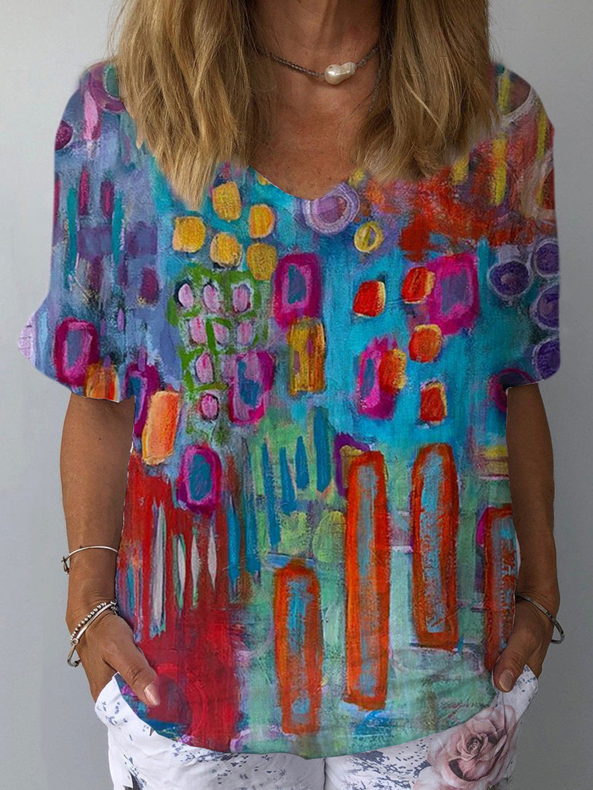 Women's retro colorful geometric print casual shirt