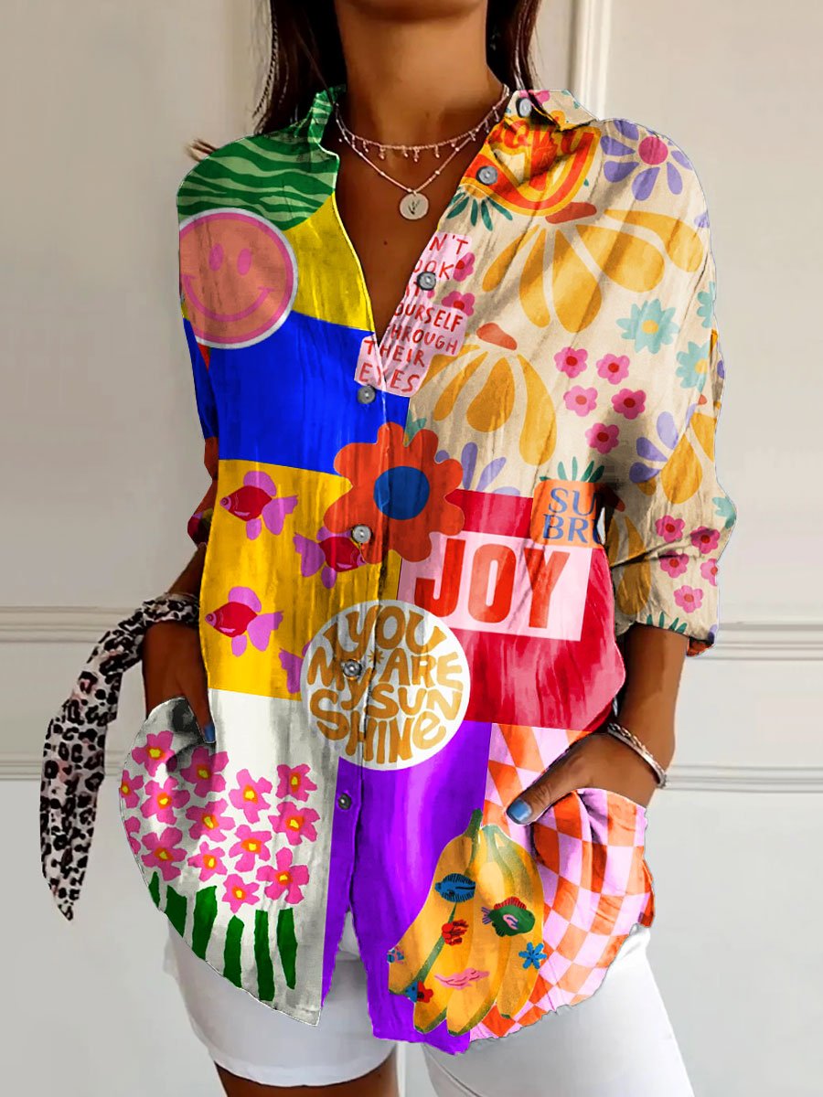 Women's Vintage Irregular Geometric Colorful Flower Art Print Casual Cotton Shirt