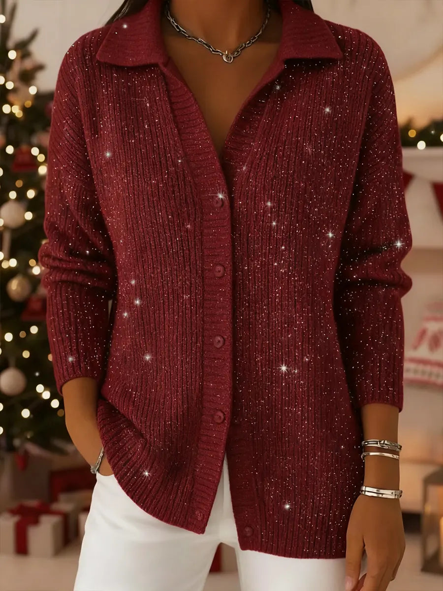 Women's Solid Color Shirt Collar Casual Loose Sequined Knit Cardigan Sweater
