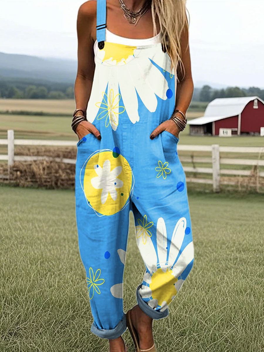 Women's Colorful Abstract Flower Art Print Casual Cotton Pocket Jumpsuit