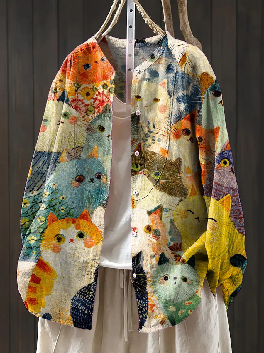 Women's Beautiful Colorful Cat Painting Art Print Casual Cotton And Linen Shirt