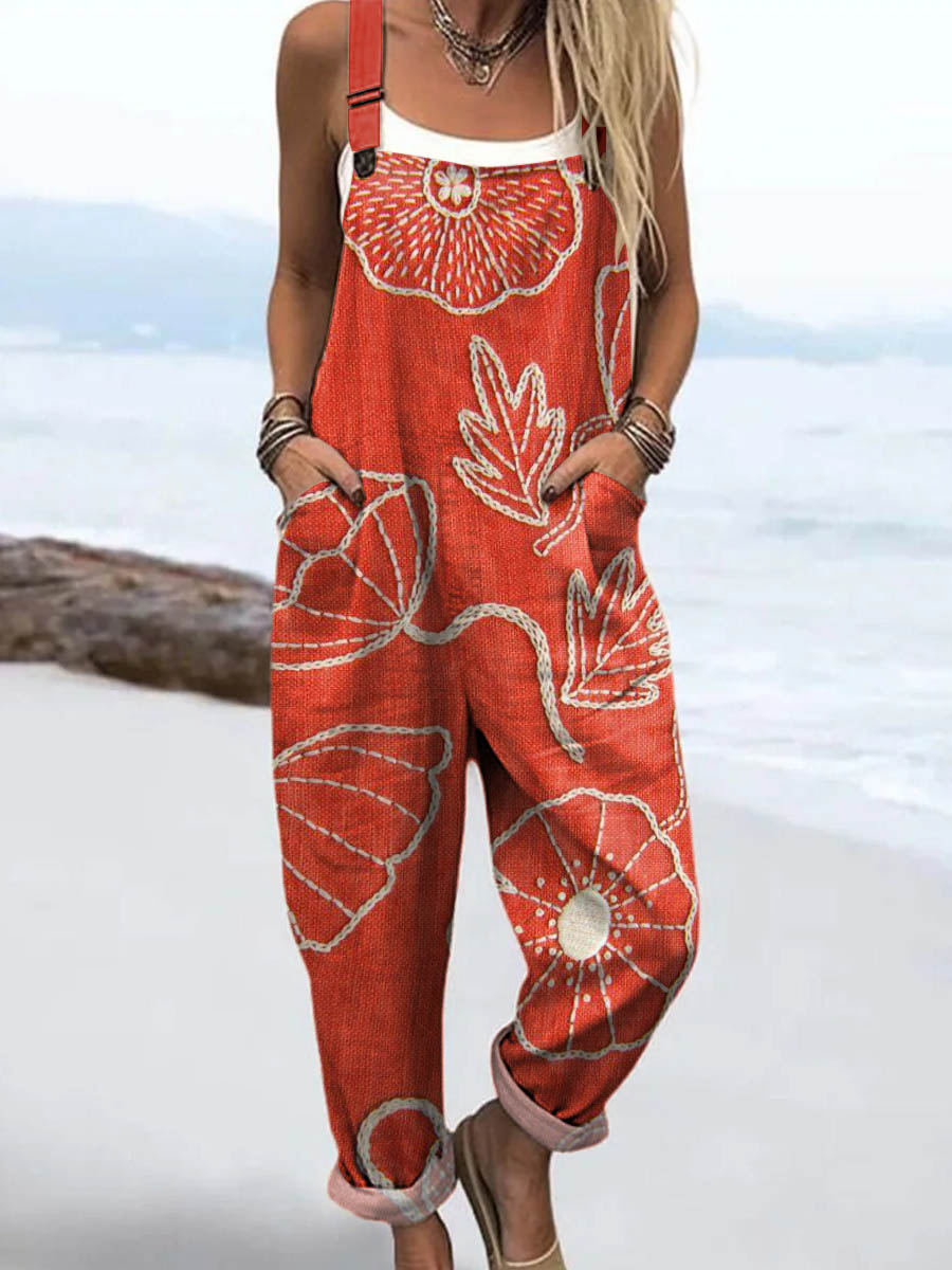 Women's Vintage Floral Art Print Casual 100% Cotton Wide Leg Jumpsuit