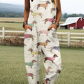 Women's Vintage Cute Dog Dachshund Print Casual 100% Cotton Wide Leg Jumpsuit
