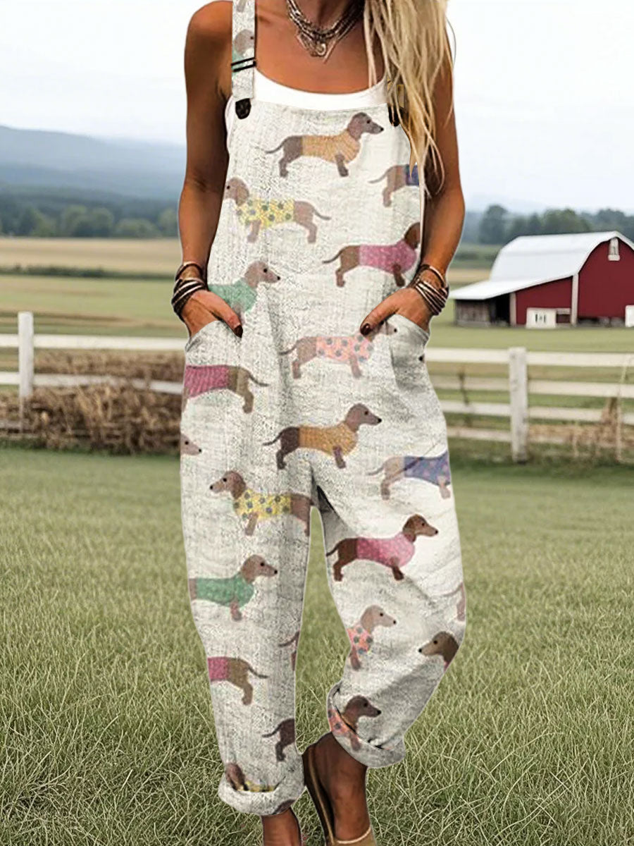 Women's Vintage Cute Dog Dachshund Print Casual 100% Cotton Wide Leg Jumpsuit