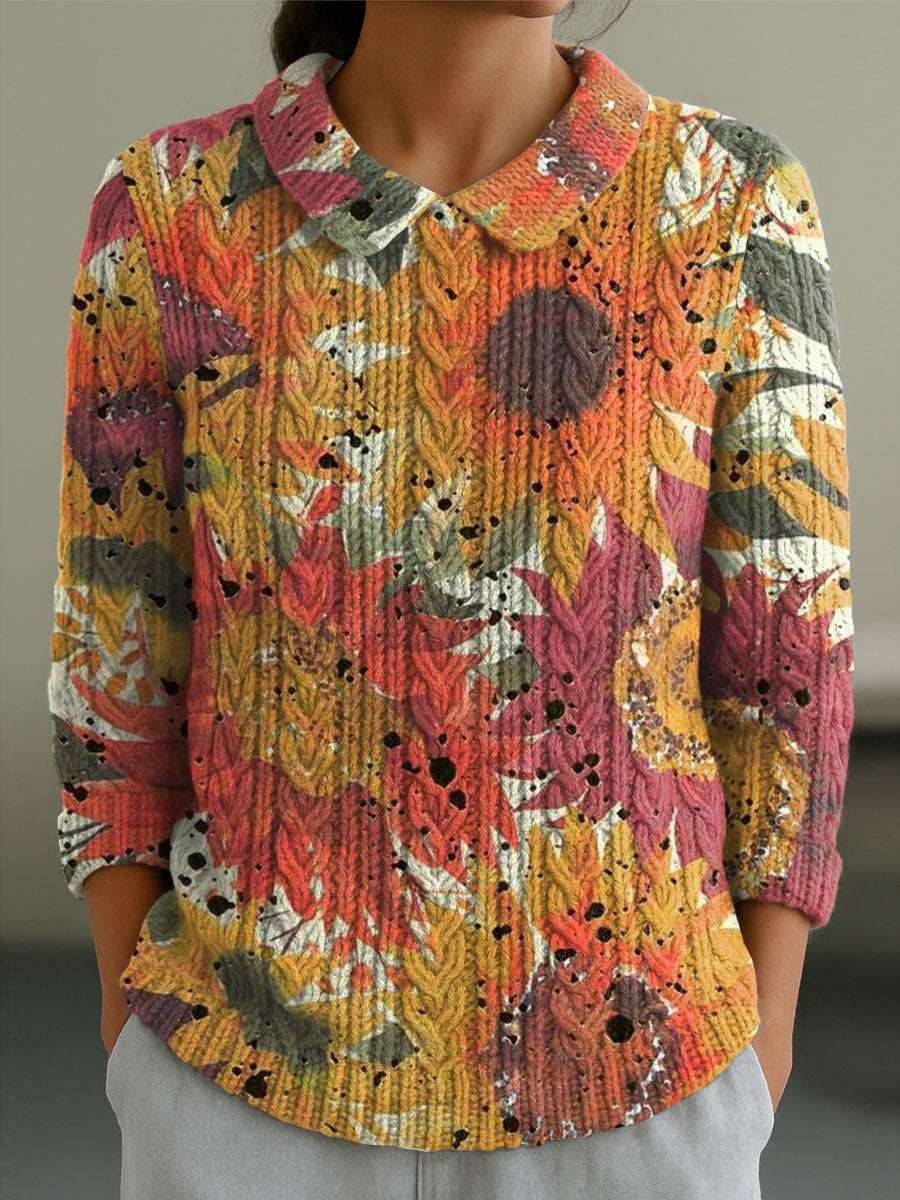 womens-vintage-floral-sunflower-art-print-casual-peter-pan-collar-3-4-sleeve-sweater