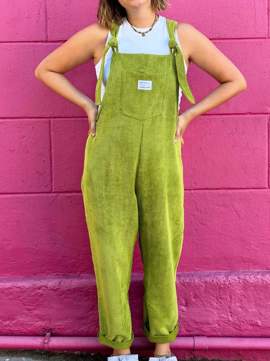 Women's Solid Color Casual Loose Lace-Up Corduroy Jumpsuit