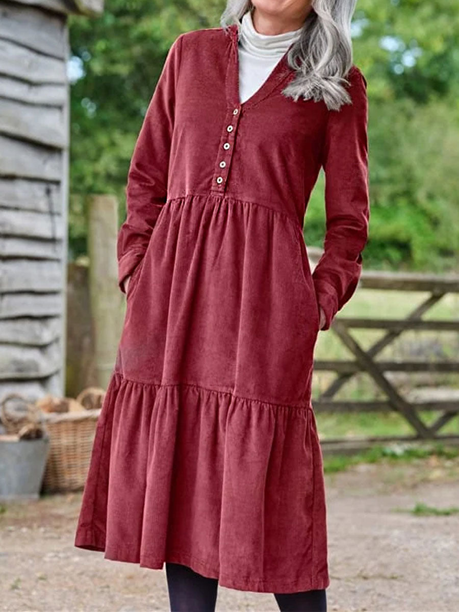 Women's Solid Color V-Neck Long Sleeve Velvet Casual A-Line Dress