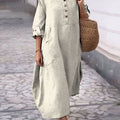 Women's Round Neck Cotton And Linen Long-Sleeved Dress