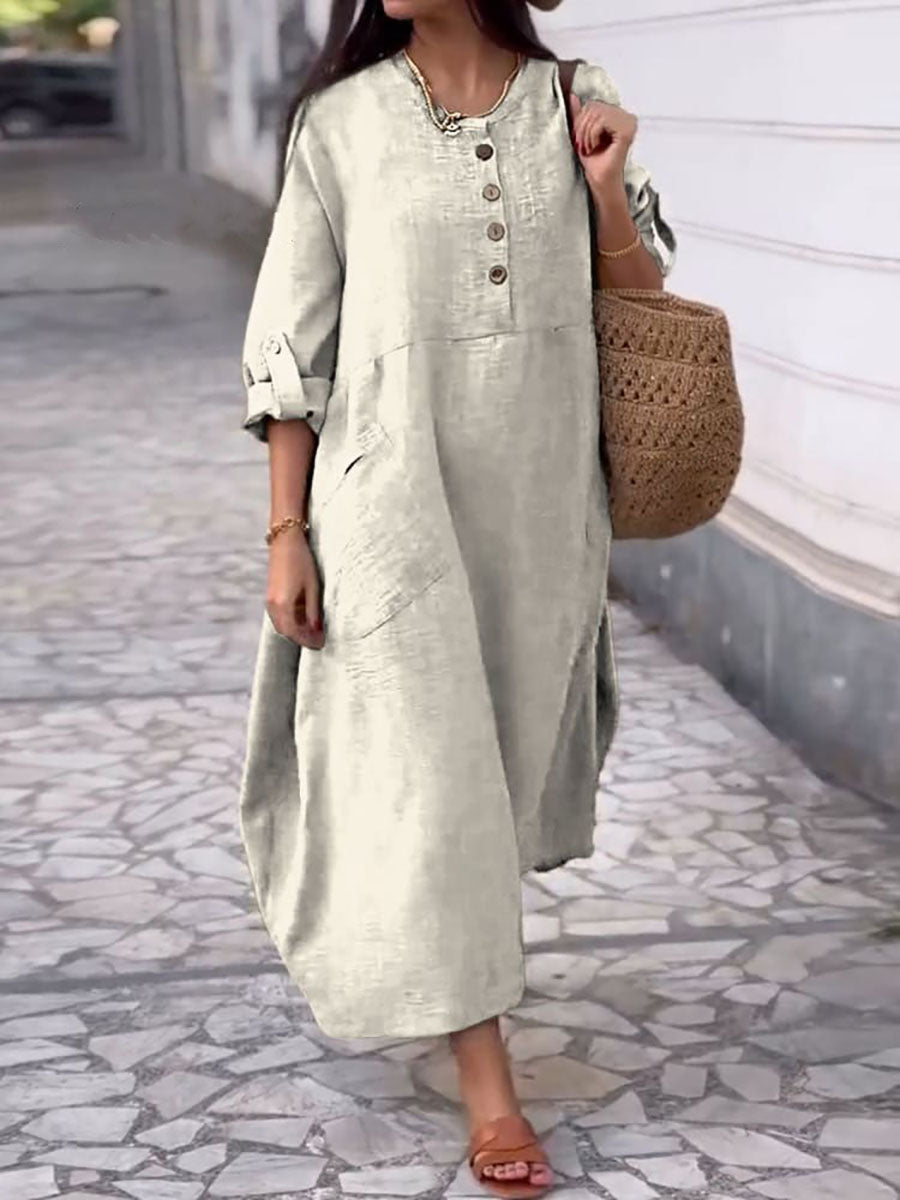 Women's Round Neck Cotton And Linen Long-Sleeved Dress