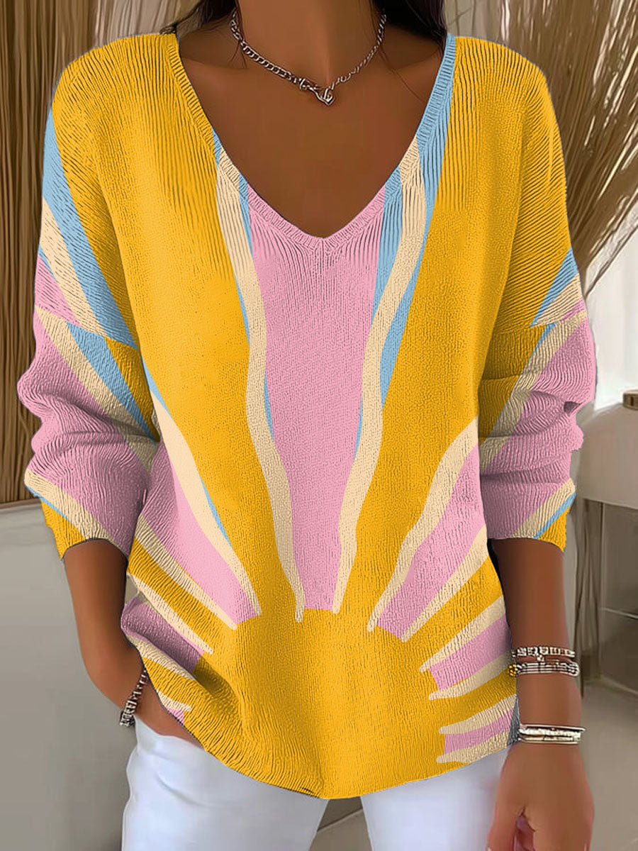 Women's Wave Sun Print Casual Pullover Sweater