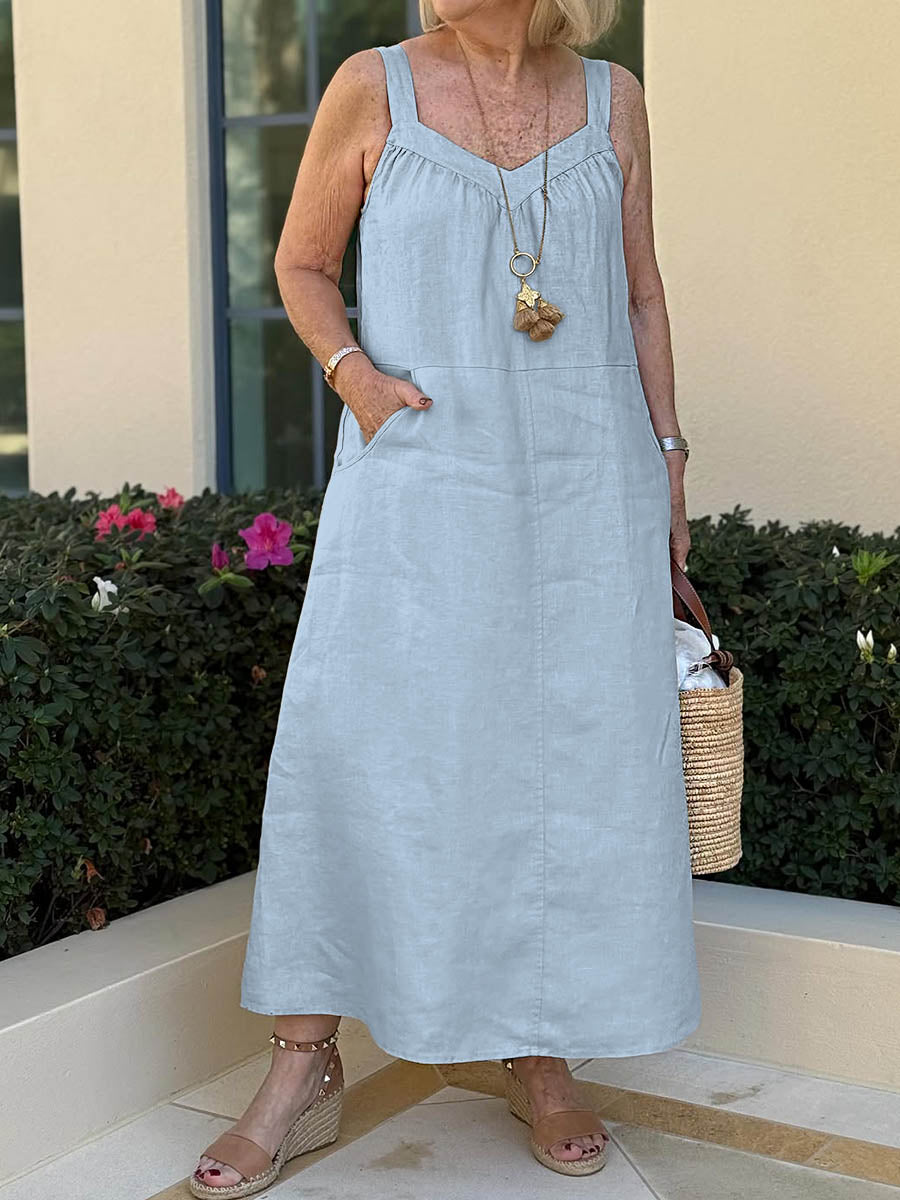 Women's Solid Color V-Neck Sleeveless Casual Linen Suspender Dress
