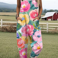 Women's  Vintage Flower Art Print Casual 100% Cotton Wide Leg Jumpsuit