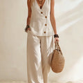 Women's Casual Minimalist Button-Decorated Cotton-Linen Wide-Leg Pants Set