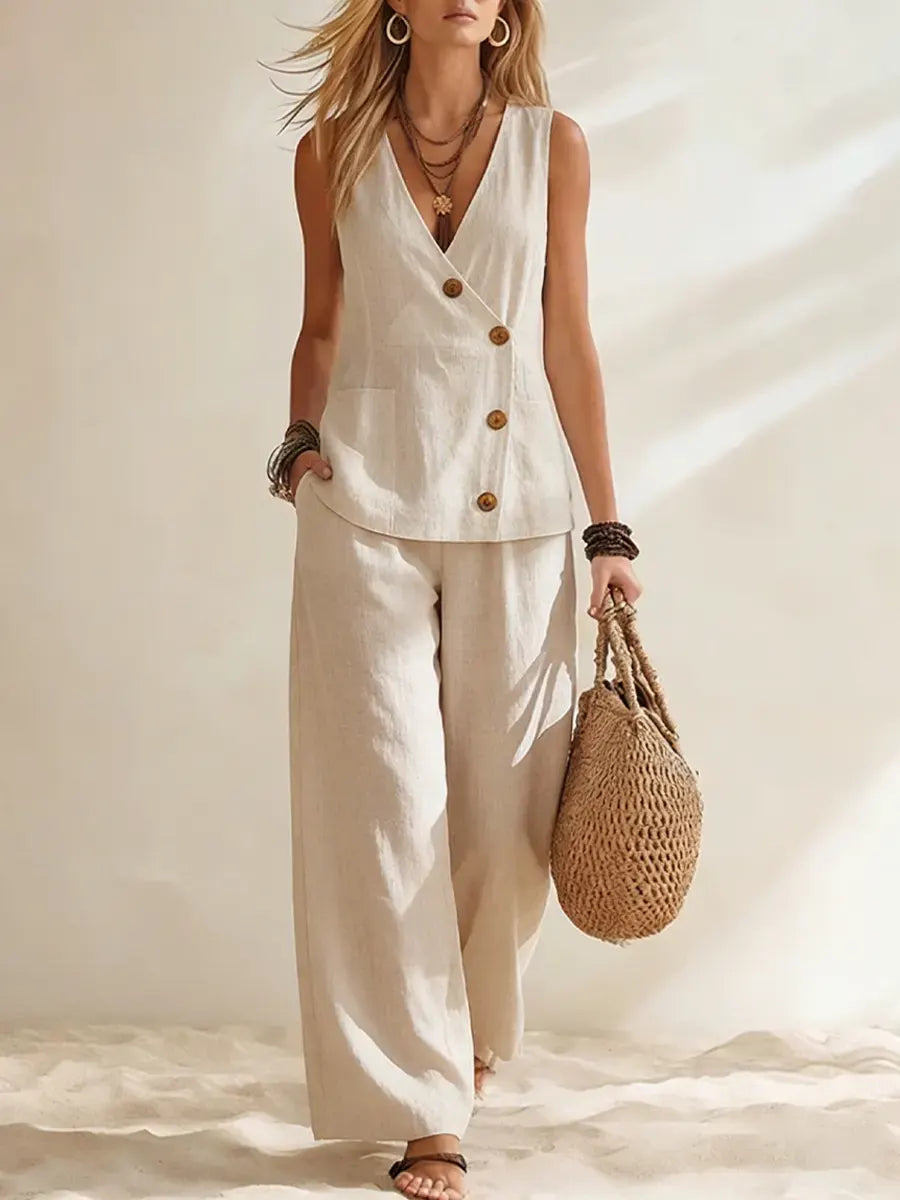 Women's Casual Minimalist Button-Decorated Cotton-Linen Wide-Leg Pants Set