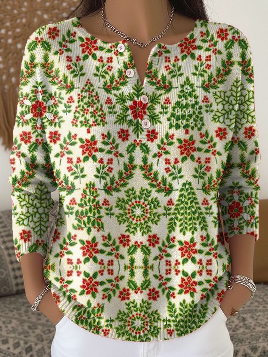 Vintage Christmas Tree Art Print Buttoned Cardigan Sweater