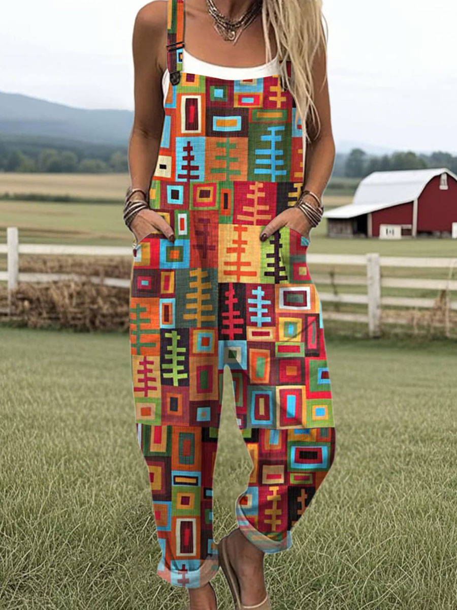 Women's  Vintage Abstract Geometric Art Print Casual 100% Cotton Wide Leg Jumpsuit