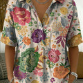 Women's Vintage Botanical Floral Casual Polo Collar Short-sleeved Linen And Cotton Shirt