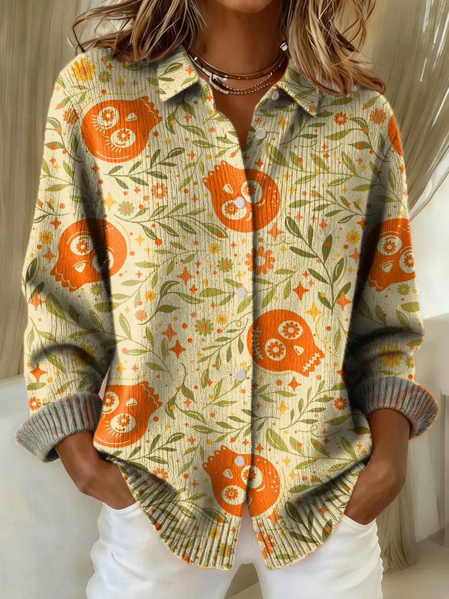 Women's Floral Skull Pattern Art Print Casual Sweater