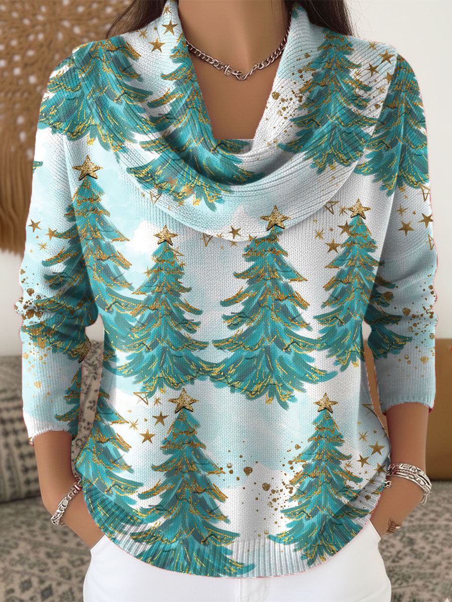 Women's Christmas Tree Pattern Art Print Cowl Neck Sweater