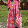 Women's Vintage Floral Art  Print Pocket V-neck Cotton Dress