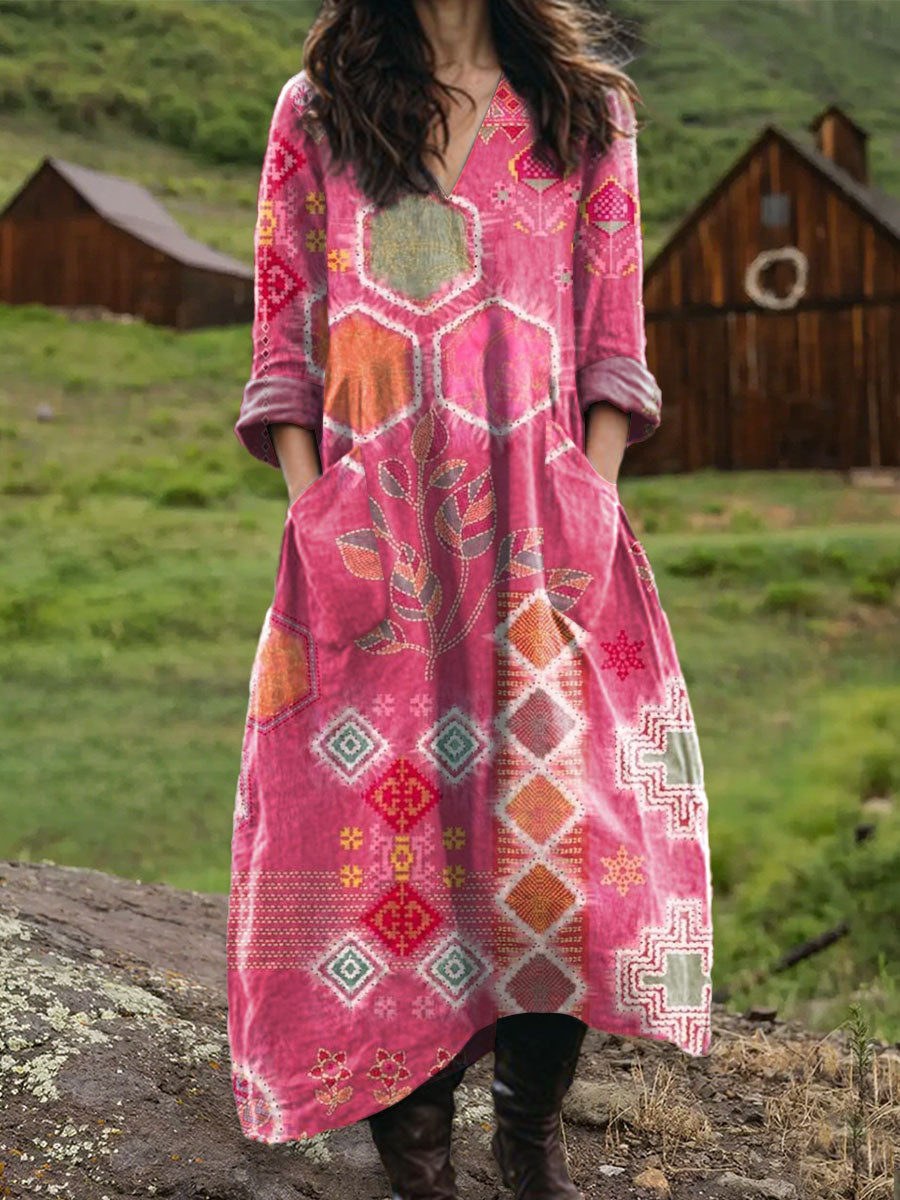 Women's Vintage Floral Art  Print Pocket V-neck Cotton Dress