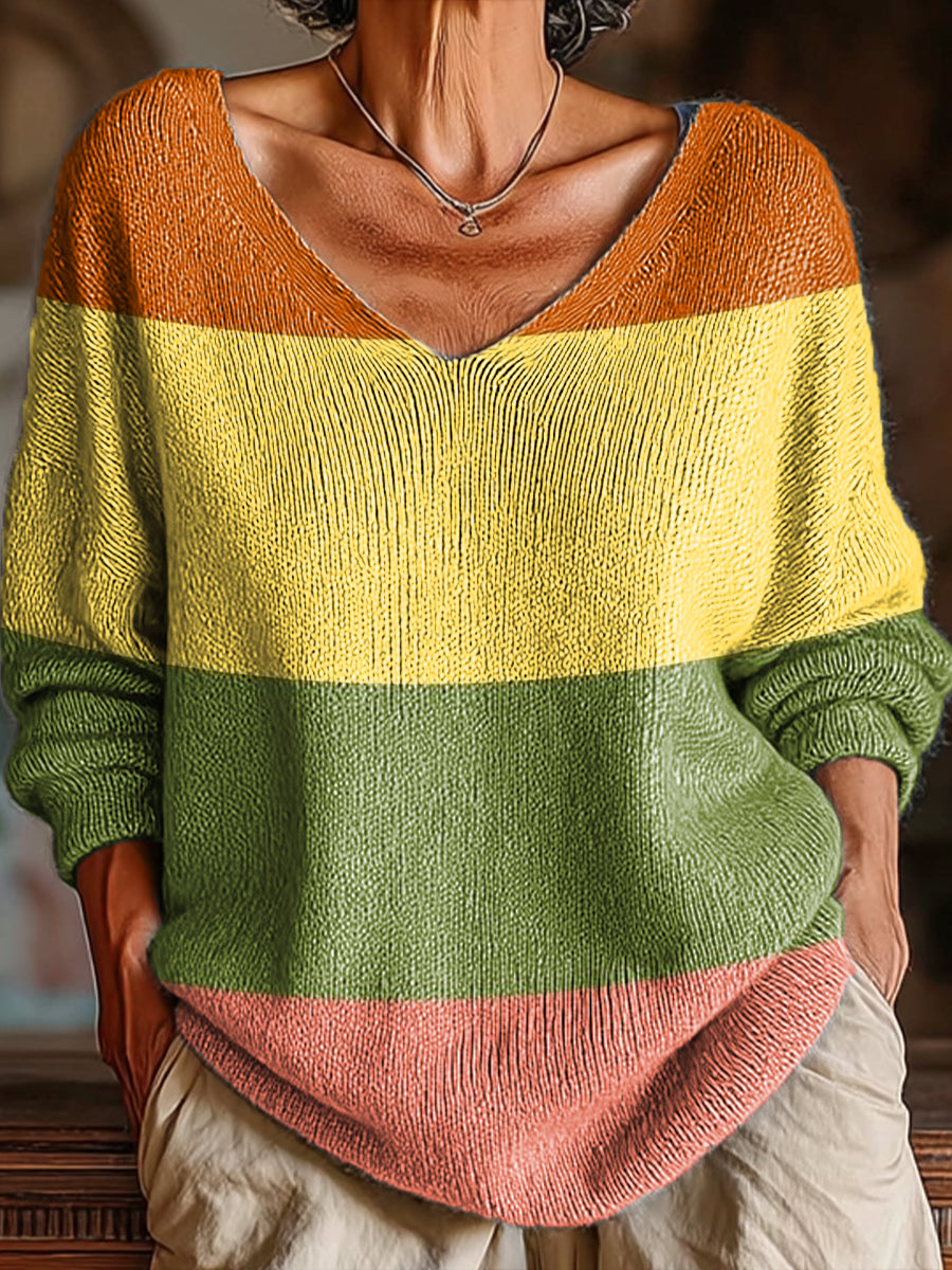 womens-vintage-stripe-color-block-painting-art-print-casual-pullover-sweater