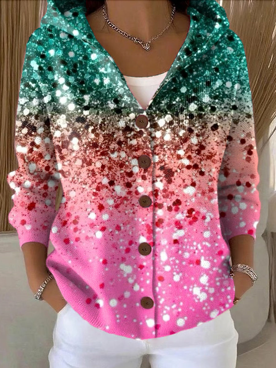 Women's Beautiful Colorful Gradient Art Print Casual Hooded Button Sweater