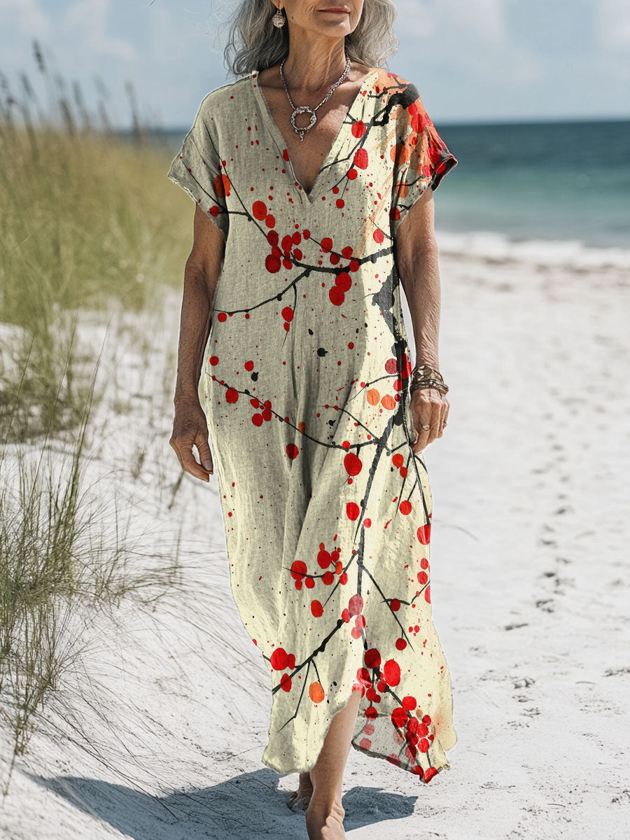 Women's Dead Branch Red Dot Art Print Pocket Cotton Dress