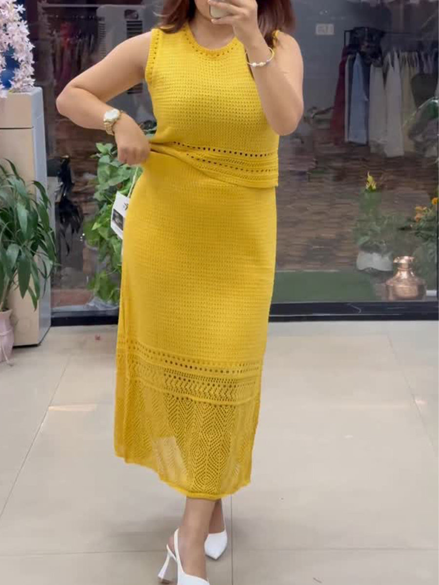 Women's Comfortable Sleeveless Knit Top and Skirt 2-piece Set