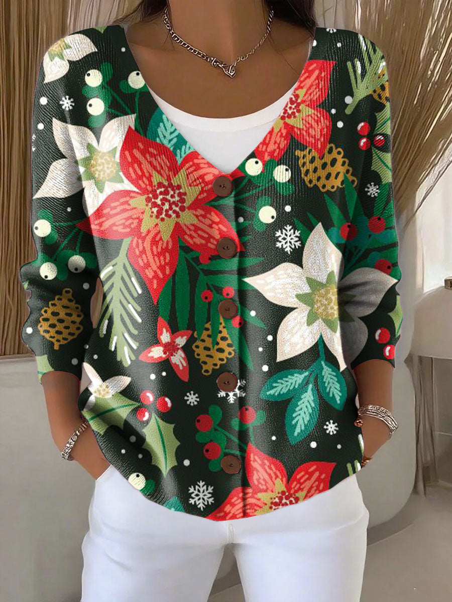 Christmas Flowers Print Buttoned V-neck Cardigan Sweater