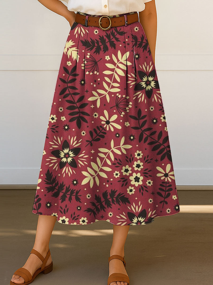 Women's Retro Floral Flowers Print High Waist Casual A-Line Skirt