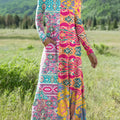 Women's Beautiful Colorful Ethnic Floral Geometric Art Print Long-sleeved Dress