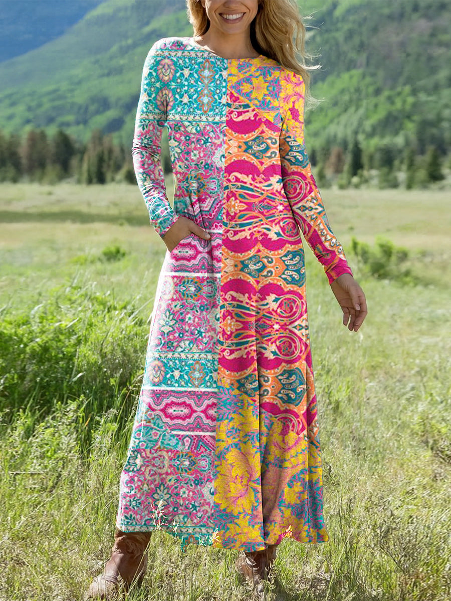Women's Beautiful Colorful Ethnic Floral Geometric Art Print Long-sleeved Dress
