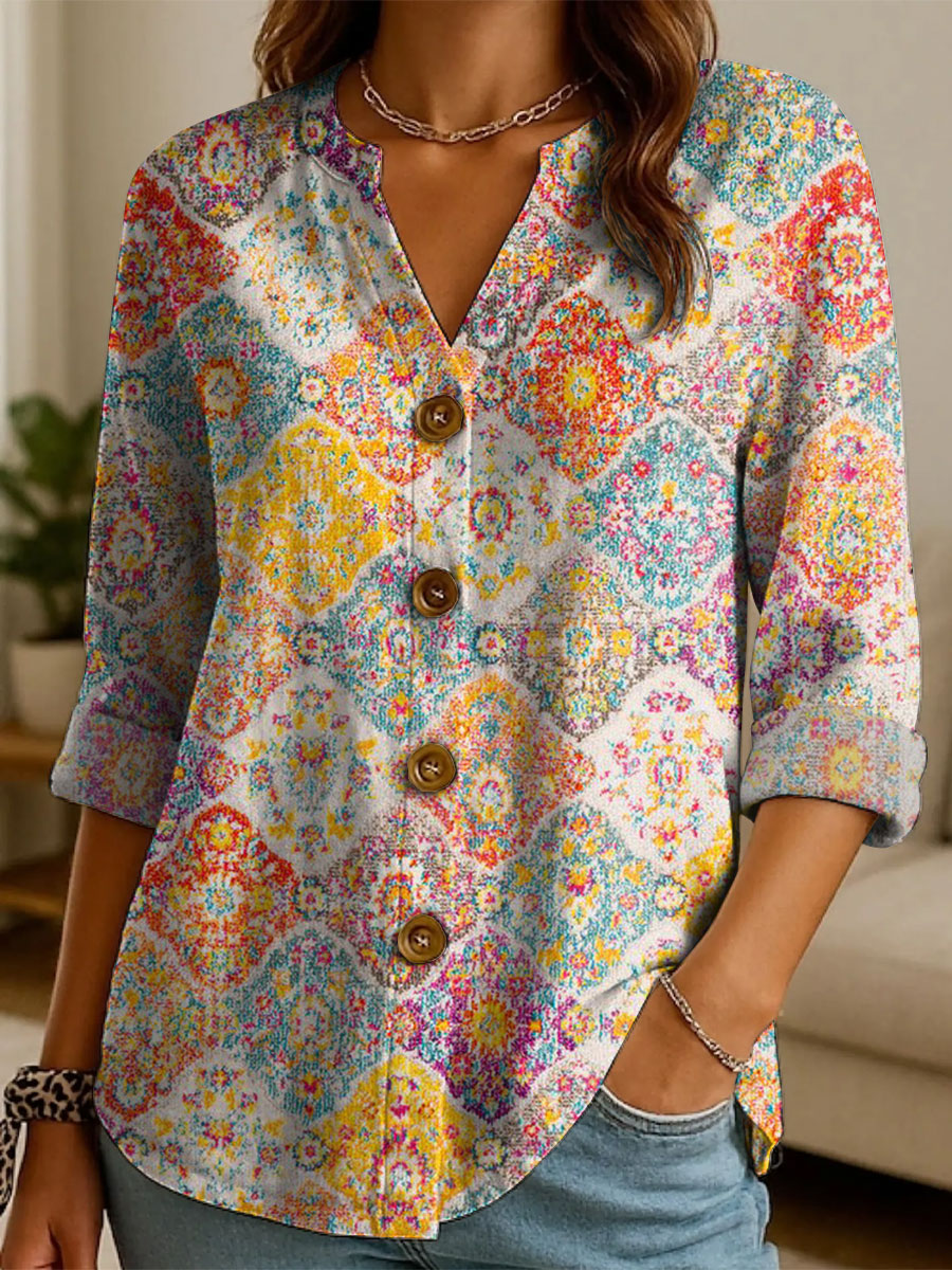 Women's Retro Ethnic Pattern Print Casual Cotton And Linen Shirt