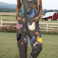 Women's  Vintage Flower Chick Art Print Casual 100% Cotton Wide Leg Jumpsuit