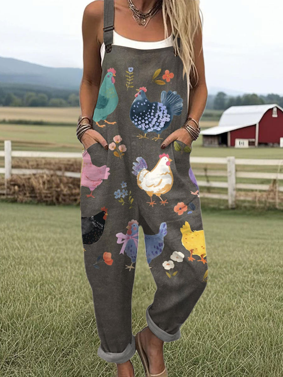 Women's  Vintage Flower Chick Art Print Casual 100% Cotton Wide Leg Jumpsuit