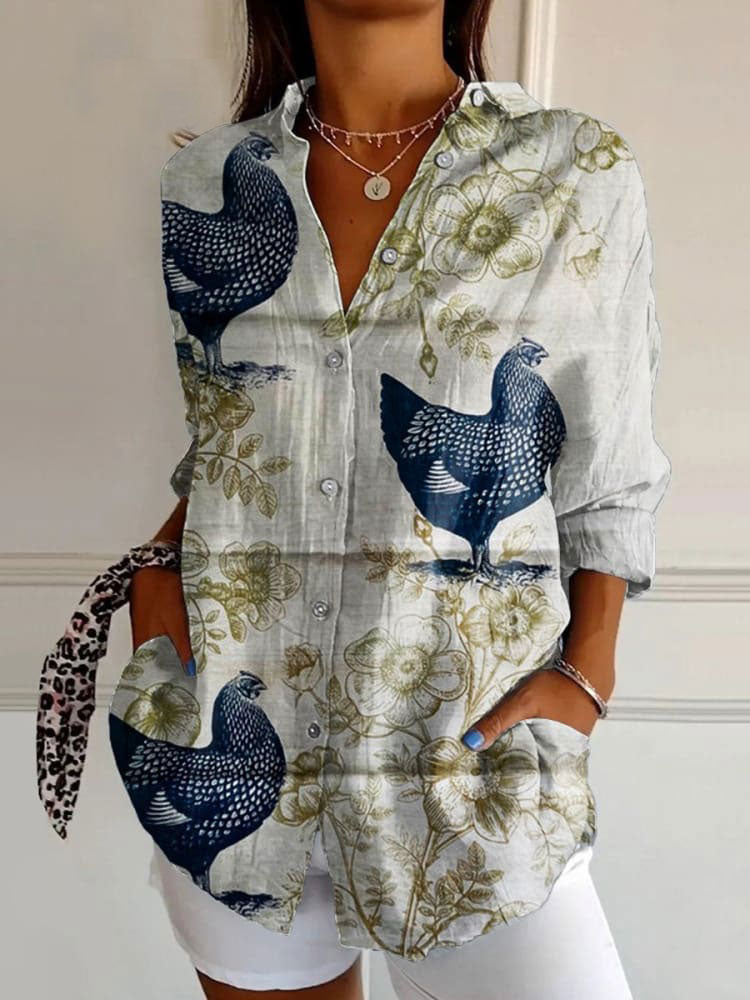Women's   Rooster  Art Print Casual Cotton Shirt