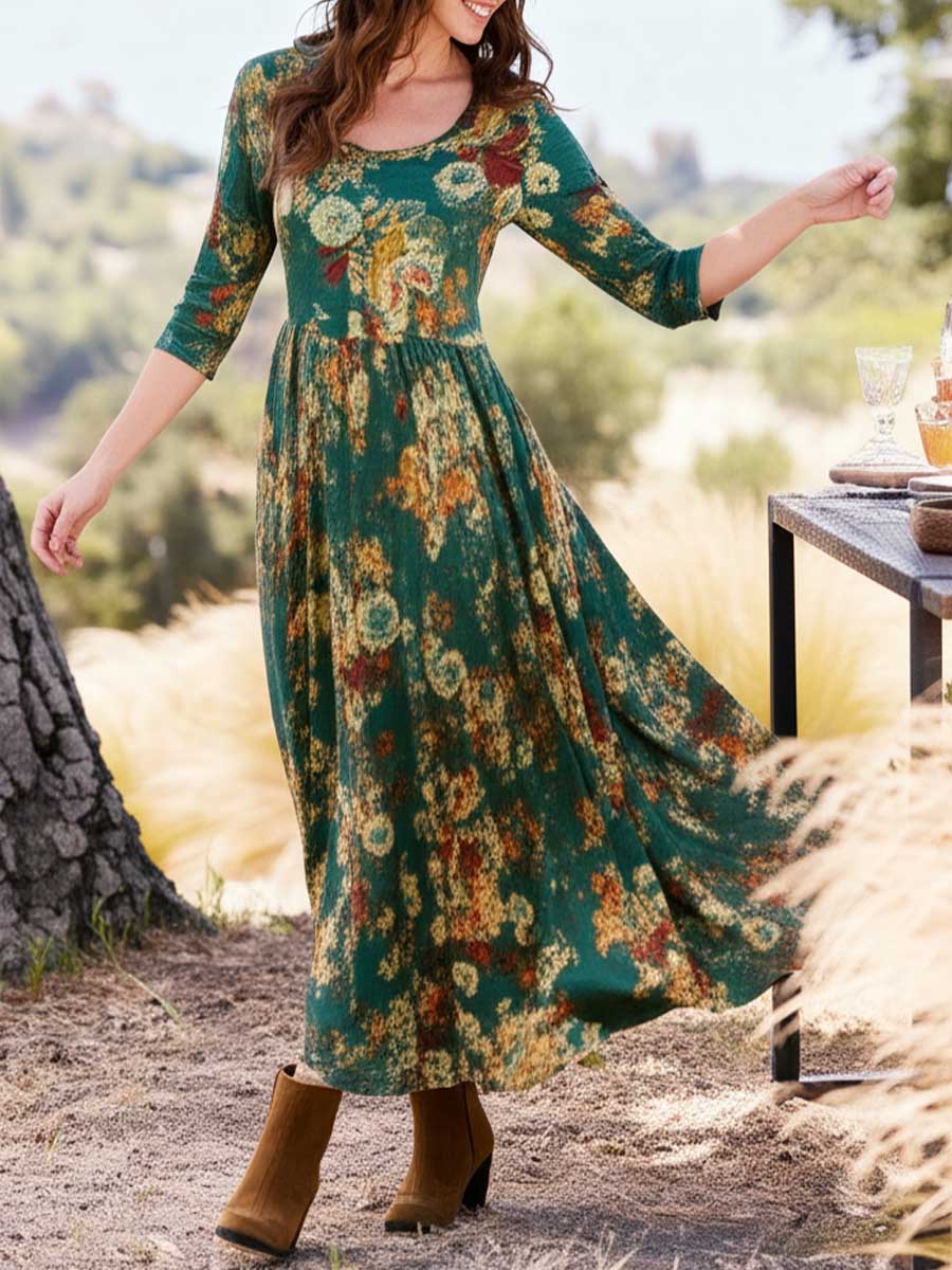 Women's Retro Floral Print Round Neck 3/4 Sleeve Knit A-Line Dress