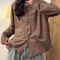 Women's Round Neck Long Sleeve Solid Color Casual Loose Cotton and Linen Shirt